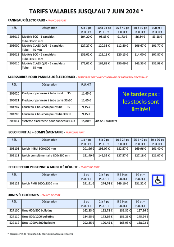 Fiche tarifaire matériel électoral - élection européennes 2024 - Inotechna